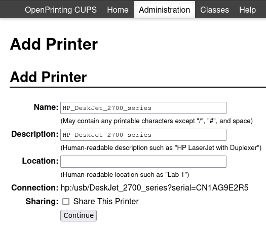 CUPS Administration Add printer page