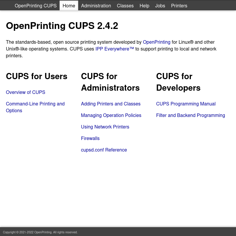 CUPS homepage featuring title OpenPrinting CUPS 2.4.2