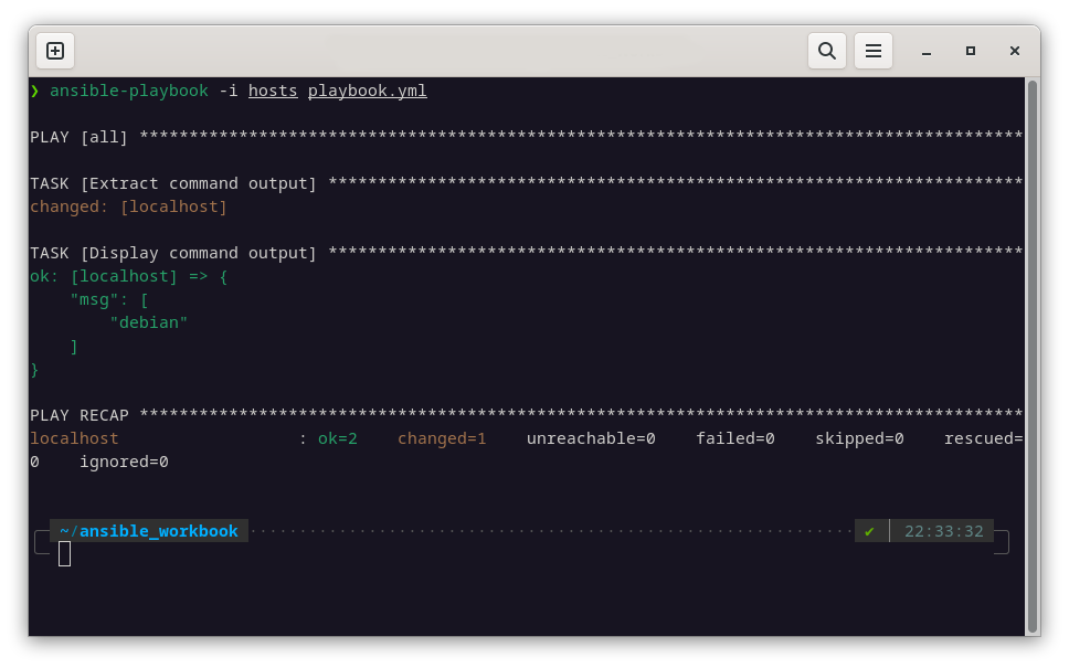 GNOME Terminal with dark background and light text showing the output of the ansible-playbook -i hosts playbook.yml command.