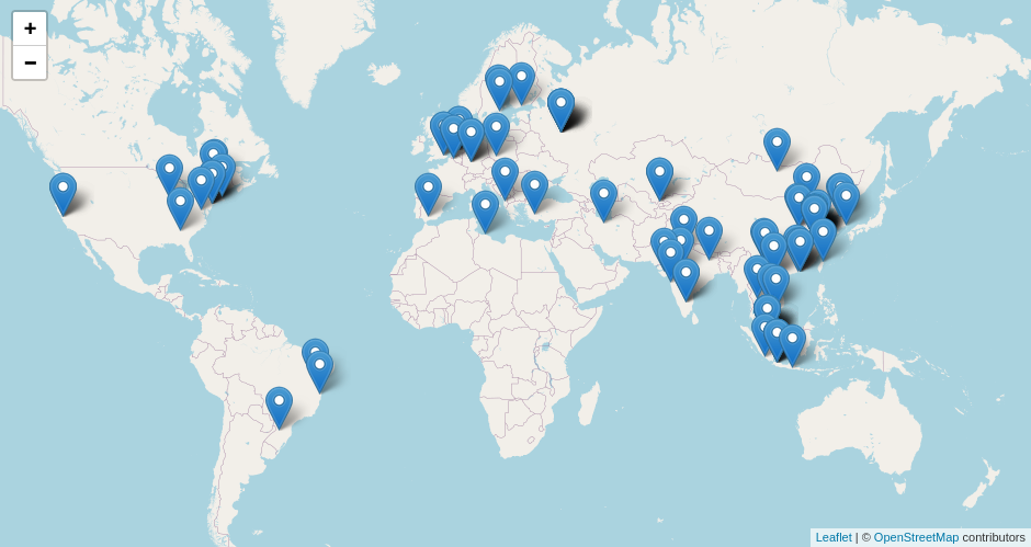 Plain world map with blue markers in various areas. Areas of concentrationa are in China, Indonesia area, Europe, Brazil, and the eastern US seaboard. There is only one IP in Africa and Russia though.